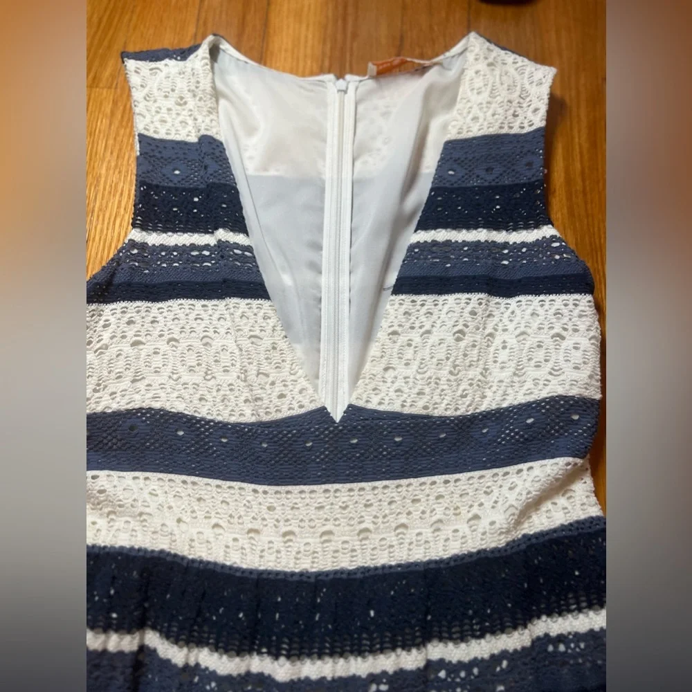 Tory Burch Navy and White Striped Lace Fit-and-Flare Dress
